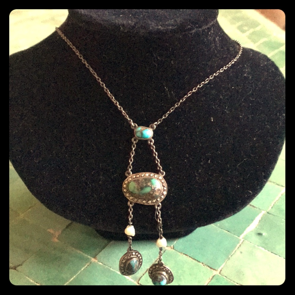 Sterling,turquoise, marcasite, seed pearl necklace